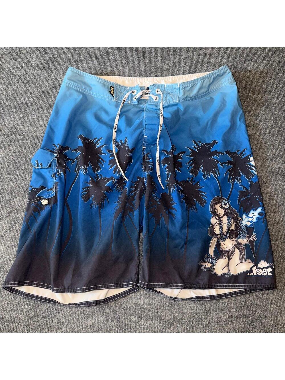 LOST Enterprises Grail Pinup Girl Surf Board Shorts Blue Mens LG VTG Y2K 90s